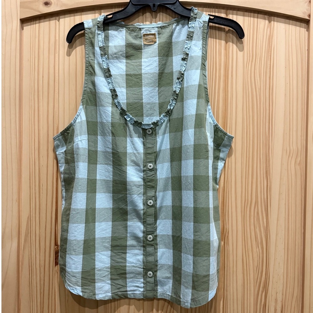 Free People Free-est Green Blue Gingham Ruffle Scoop Neck Cotton Tank Top Large